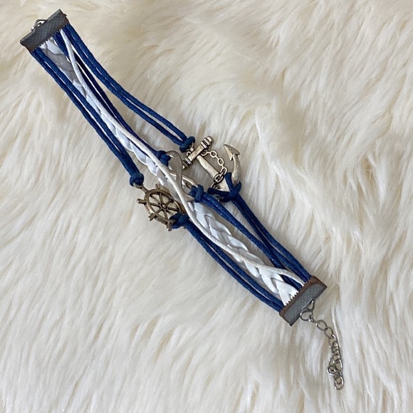 Vintage Silver Ship Rudder Anchor Infinity Bracelet Multilayer Braided Blue Whit - Picture 11 of 16